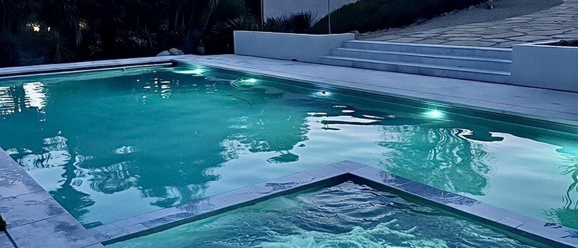 Pool and spa lit at dusk with the house behind