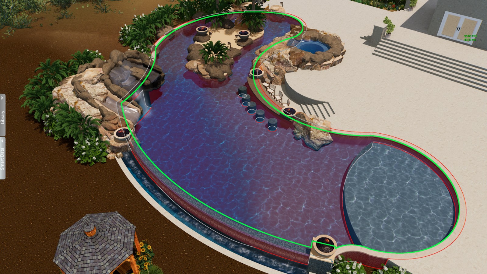 3D design model of a freeform pool with grotto, swim-up seating, raised spa and fire bowls