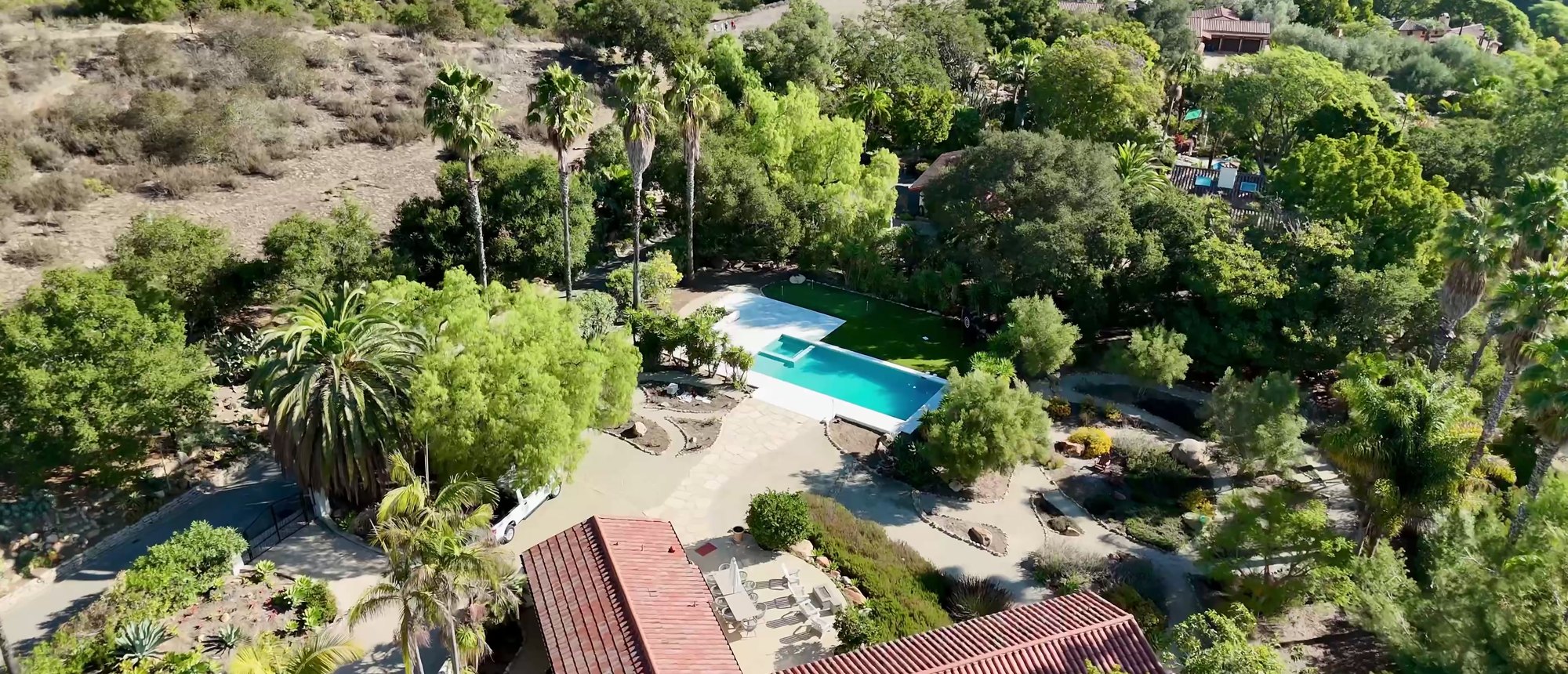 Pool on a hillside property among oaks and palms, seen from above